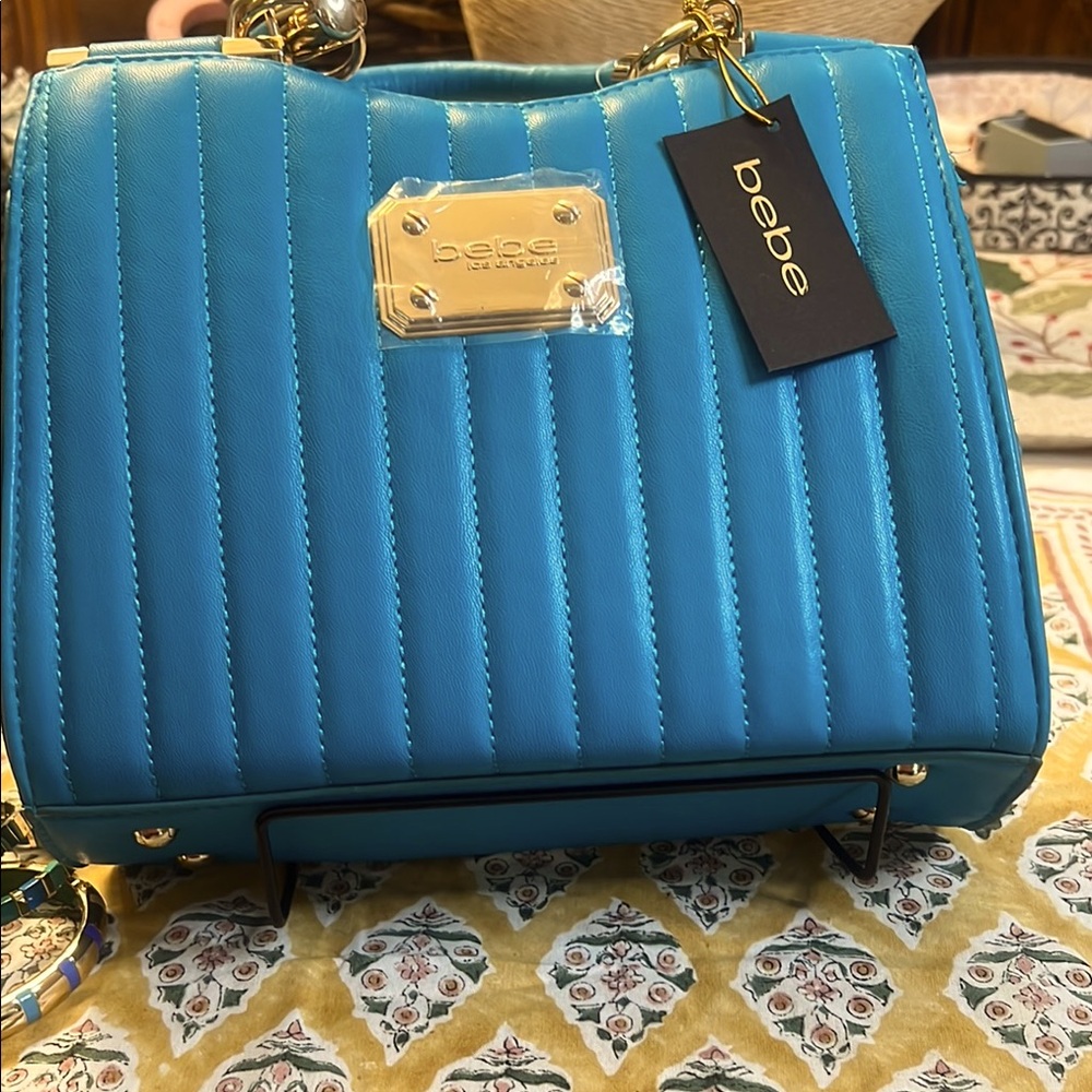 Bebe Blue Shoulder Bag with Gold Hardware and Chain Strap